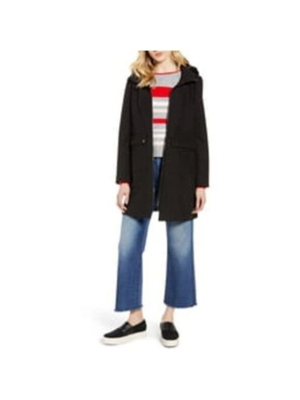 Halogen Black Hooded Raincoat With Fleece Lining & Front Snap Pockets